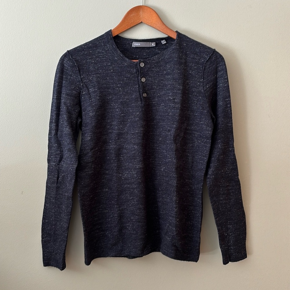 Vince Long Sleeve Wool Linen Blend Henley Navy Heather Medium